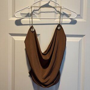 Satin cowl neck with gold chain halter strap
